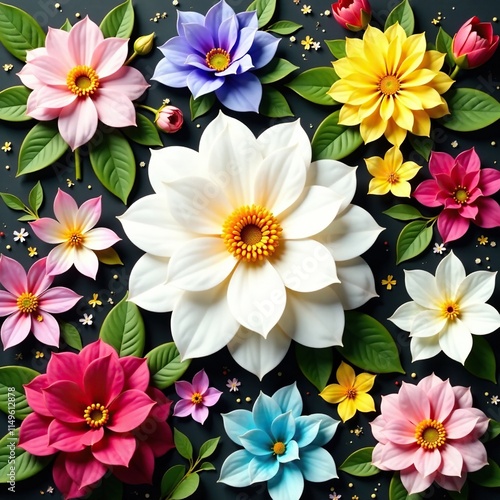 Composition of colorful flowers and plants with different shapes and sizes, gardenia, size, botanical