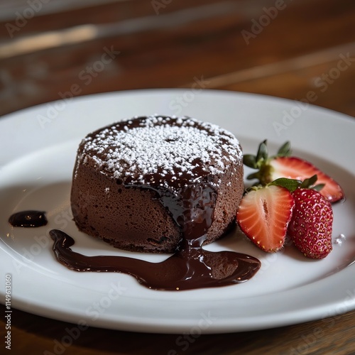 A classic and indulgent chocolate soufflé with a rich, molten center, served with a dusting of powdered sugar
