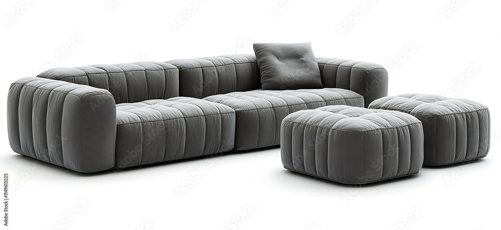 Fototapeta premium Modern gray modular sofa with two ottomans, isolated on white background.