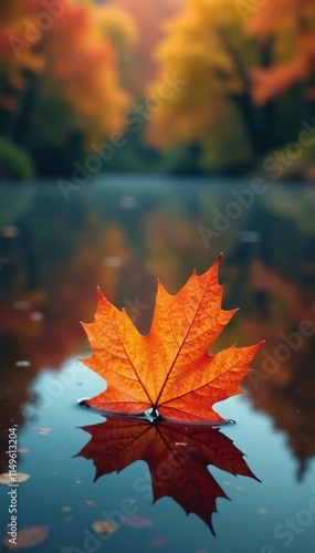 Softly glowing maple leaf on the surface of a calm and clear autumn lake with a blurred background of vibrant fall colors, floating leaf,