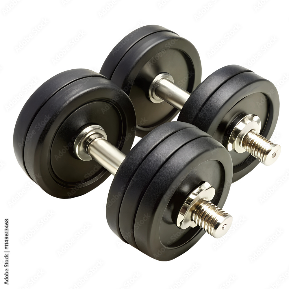 Naklejka premium Pair of Black Rubber Encased Hand Gym Dumbbells isolated on transparent background.