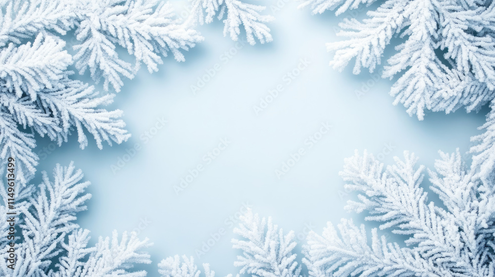 A frosty blue background framed by white snow-covered branches, evoking a winter wonderland atmosphere. A frosty blue background framed by white snow-covered branches, evoking a winter wonderland atmosphere.