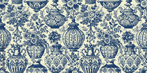 Elegant vintage floral pattern featuring blue and white vases and flowers.