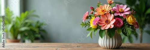 Vase filled with fresh flowers and greenery on a wooden table, flower arrangement, botanicals, bouquet photo