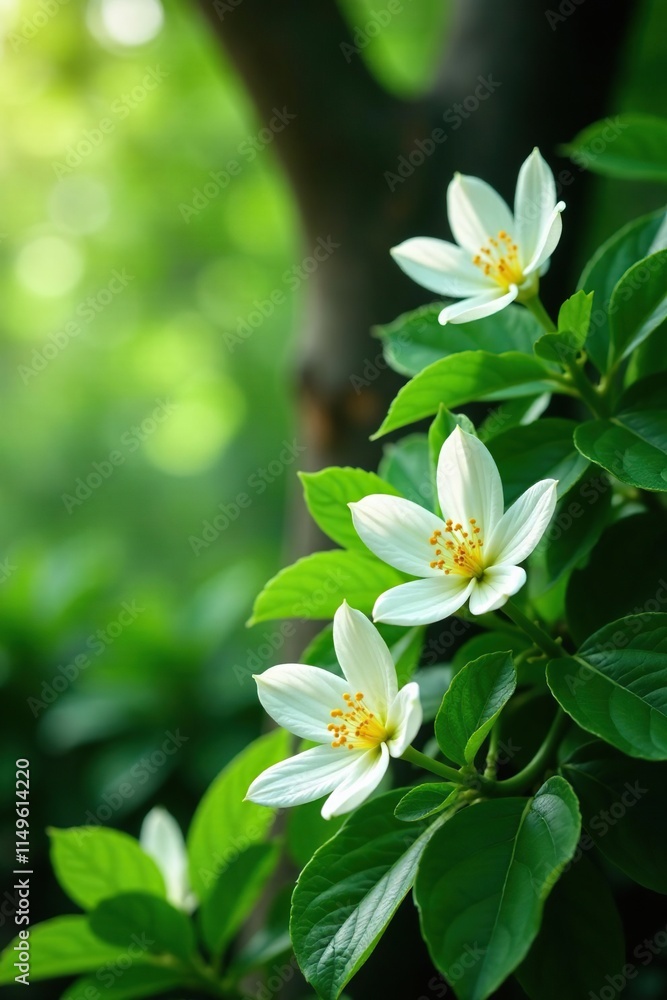 A lush green leafy plant with beautiful white flowers blooms in the shade of a majestic tree, flowers, blossoms A lush green leafy plant with beautiful white flowers blooms in the shade of a majestic tree, flowers, blossoms