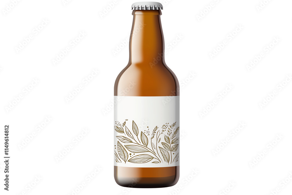 A glass bottle filled with amber beverage, featuring decorative artwork on its white label. A glass bottle filled with amber beverage, featuring decorative artwork on its white label.