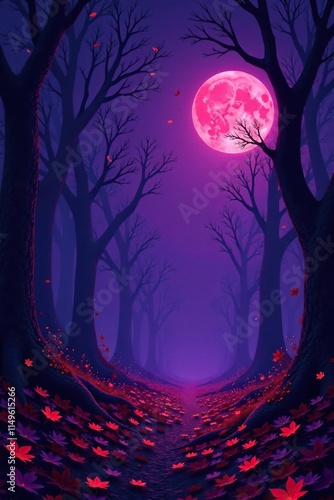Dark autumn night with a spooky purple background, autumnal colors, witching hour