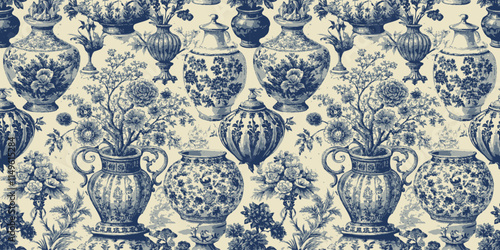 Elegant floral and vase pattern in blue and white tones.