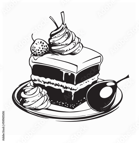 Delicious Cake Vector Illustration. Piece of cake with cherries image vector