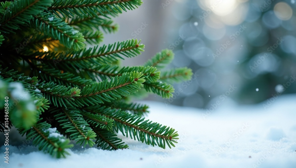 Fragrant evergreen tree branches on snowy ground, festive, green Fragrant evergreen tree branches on snowy ground, festive, green