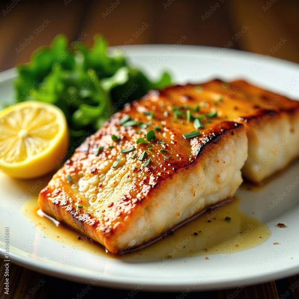 Tender zander fillet on a plate with golden brown crust, dish, meal, seafood Tender zander fillet on a plate with golden brown crust, dish, meal, seafood