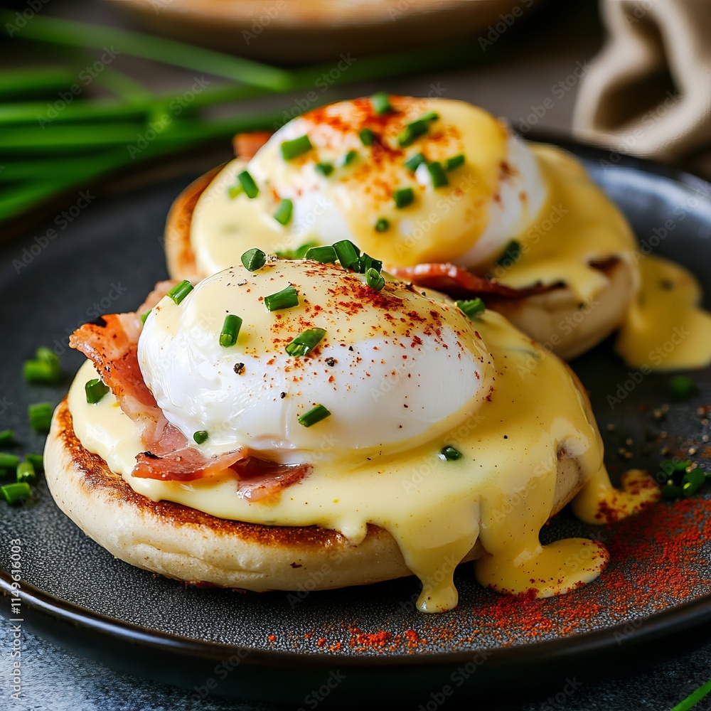 A classic and indulgent eggs Benedict with poached eggs, Canadian bacon, and hollandaise sauce A classic and indulgent eggs Benedict with poached eggs, Canadian bacon, and hollandaise sauce