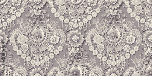Elegant vintage floral wallpaper design in gray tones with intricate patterns.