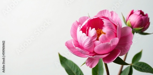 Fototapeta Naklejka Na Ścianę i Meble -  Large peony flowers unfolding on a white background, bloom, peonies