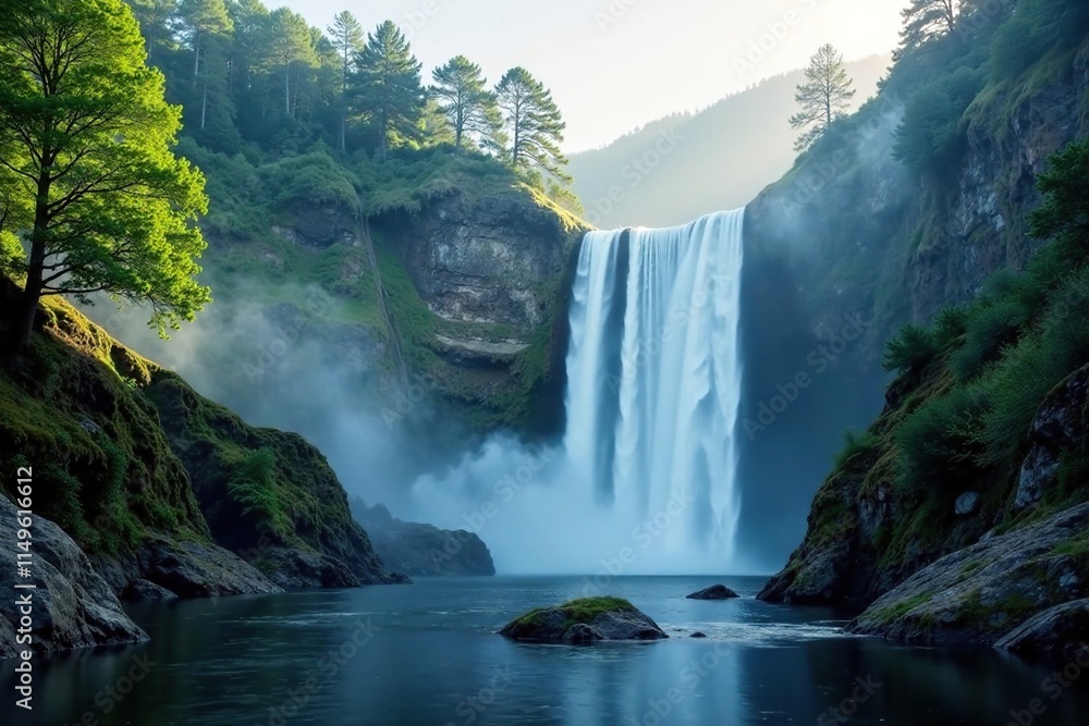 Fototapeta premium Misty morning at a waterfall in the Smoky Mountains, Smoky Mountains, misty