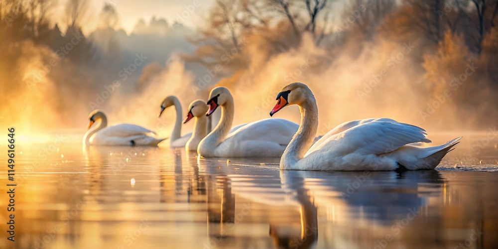 Serene Swans on Misty Lake: Macro Photography of Graceful Birds in Foggy Water Serene Swans on Misty Lake: Macro Photography of Graceful Birds in Foggy Water