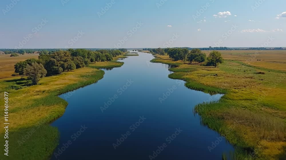 Serene River Landscape with Lush Greenery and Clear Blue Sky Serene River Landscape with Lush Greenery and Clear Blue Sky