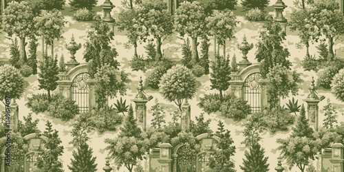 Elegant green foliage wallpaper with classic garden scenes and ornate gates.