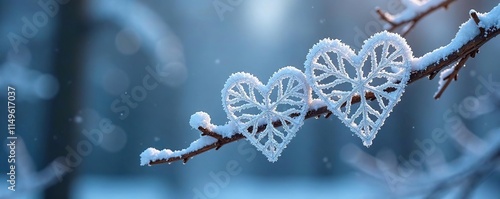 Branch with multiple interconnected snowflakes in the shape of hearts, snowy, interlocking, icy photo