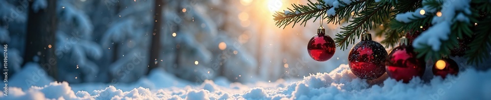 Snowy forest scene with Christmas tree ornaments suspended in mid-air under soft lighting, ornaments, suspended Snowy forest scene with Christmas tree ornaments suspended in mid-air under soft lighting, ornaments, suspended