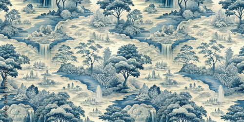 Scenic blue and white landscape wallpaper featuring serene waterfalls and lush trees.