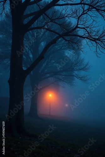 Dense fog wraps around a tree's branches as distant orange lights glow softly in the darkness, atmosphere, lights photo