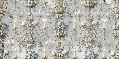 Elegant vintage wallpaper design featuring ornate chandeliers and floral motifs.