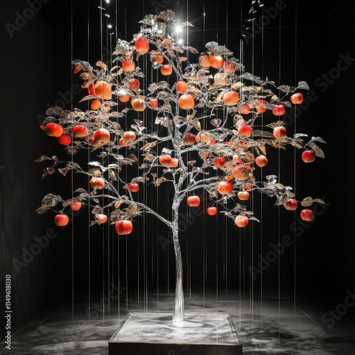 A tall glass tree, with hanging persimmons and red apples