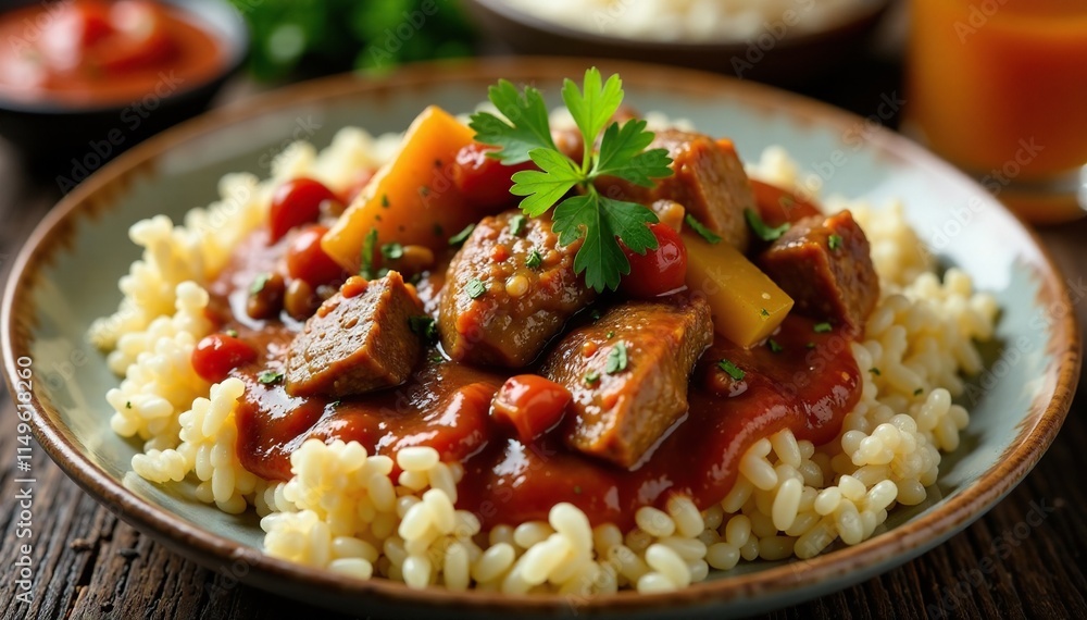 Traditional Latin American beef and chicken stew served over a bed of rice, Latin American, flavorful Traditional Latin American beef and chicken stew served over a bed of rice, Latin American, flavorful