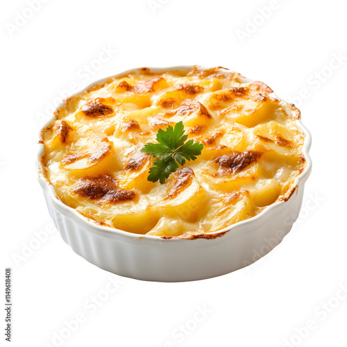 Appetizing Cheesy potato gratin Isolated On Transparent Background 
