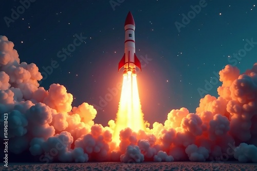 Vertical rocket blasting off with flames and smoke, rocket, launchpad