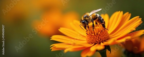 Vibrant bee collecting nectar from a bright orange flower, insect on flower, flowers of orange,