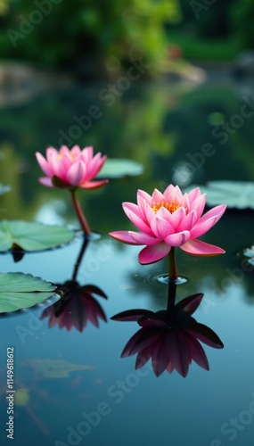 Water lilies reflected in the calm pond surface, water lily, stillness, pond water
