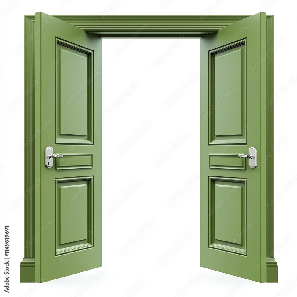 A pair of green double doors, open and inviting, set against a white background. A pair of green double doors, open and inviting, set against a white background.