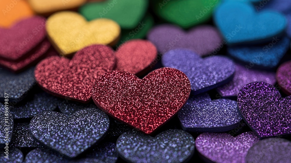 Obraz premium Vibrant heart-shaped glitter decorations home craft space colorful background creative environment top view love concept