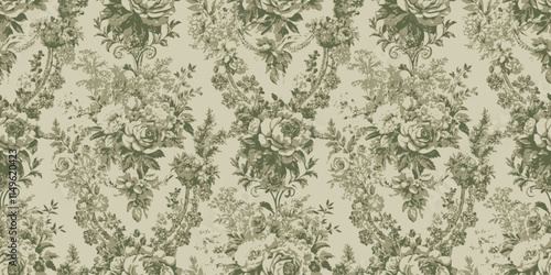 Elegant green floral pattern with intricate details and vintage charm.