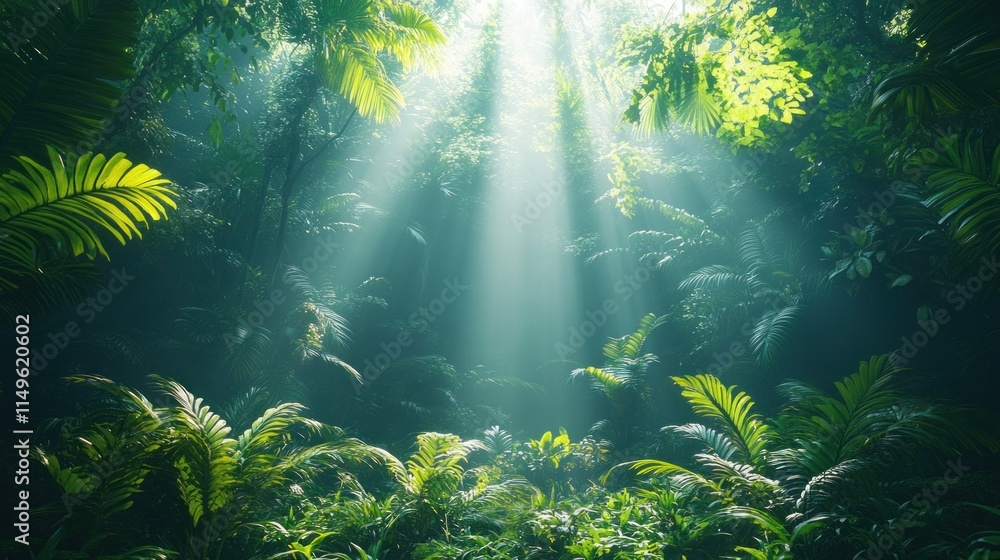Fototapeta premium Lush jungle, sunbeams pierce canopy.