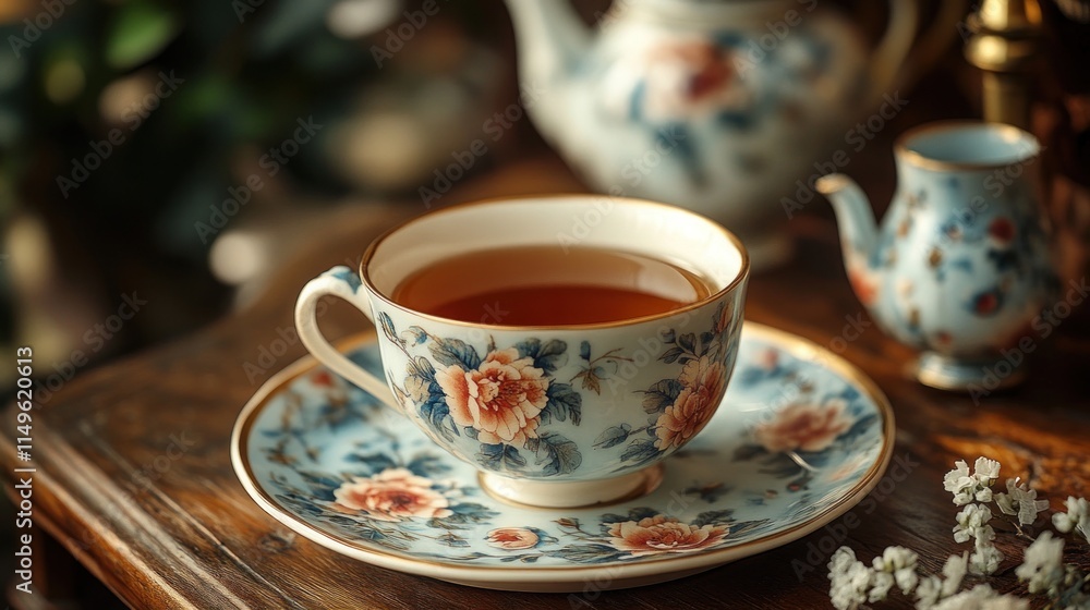 Floral teacup, saucer, teapot, and creamer. Floral teacup, saucer, teapot, and creamer.