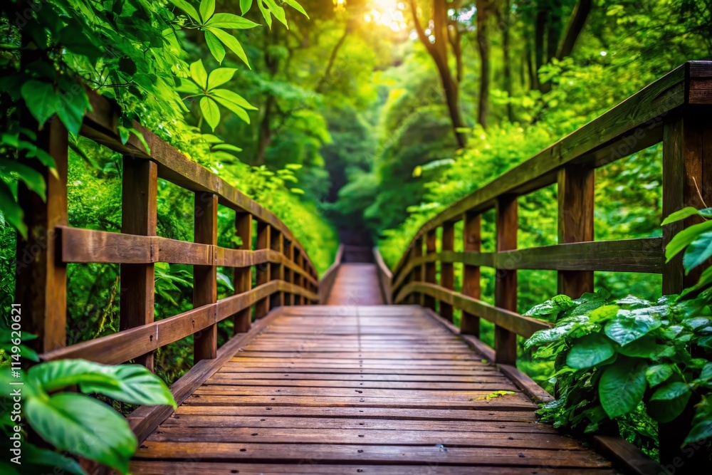 Obraz premium Serene Wooden Bridge Macro Photography: Lush Greenery, Tranquil Nature Escape