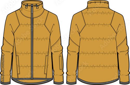 Down puffa Hoodie jacket design flat sketch Illustration, Padded puffer jacket with front and back view, Soft shell winter jacket for Men and women for outerwear in winter.