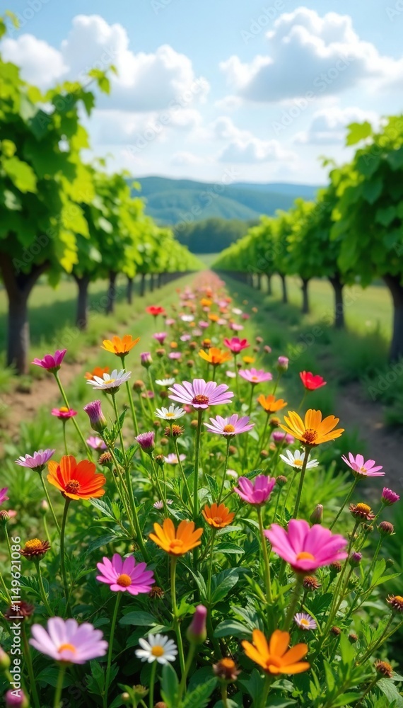 Blooming wildflowers amidst grapevines in full bloom, blossoms, flower field Blooming wildflowers amidst grapevines in full bloom, blossoms, flower field