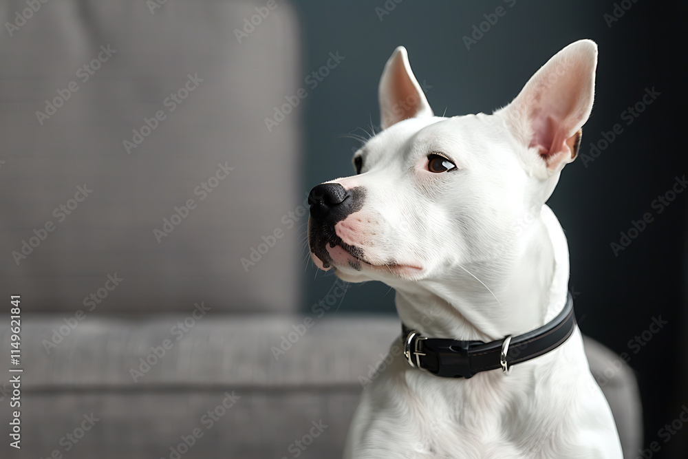 pet portrait, a bull terrier lounging on a cozy backdrop, adorably gazing up at its human friend pet portrait, a bull terrier lounging on a cozy backdrop, adorably gazing up at its human friend