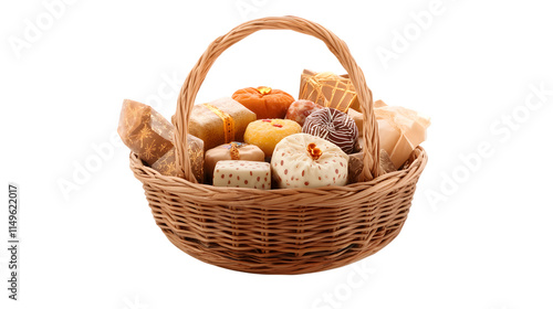 A traditional Eid gift basket filled with sweets and small presents, isolated on transparent  photo