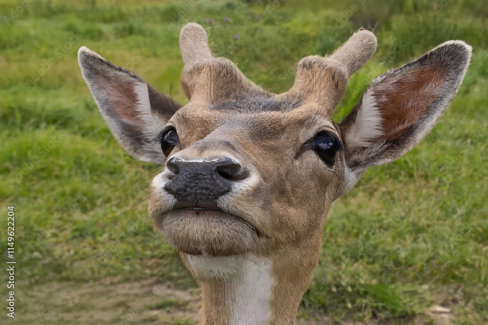 Naklejka premium Portrait of a young European Fallow-deer looking curiously