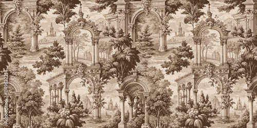 Classic sepia-toned landscape mural with architectural elements and lush foliage.