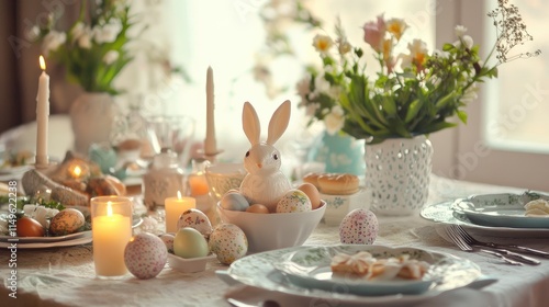 A family Easter dinner setup with traditional dishes, candles, and festive decorations on the table.