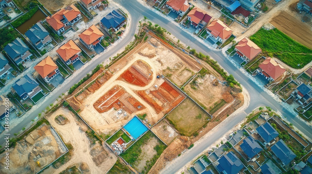 Aerial View of Suburban Development and Construction Site Aerial View of Suburban Development and Construction Site