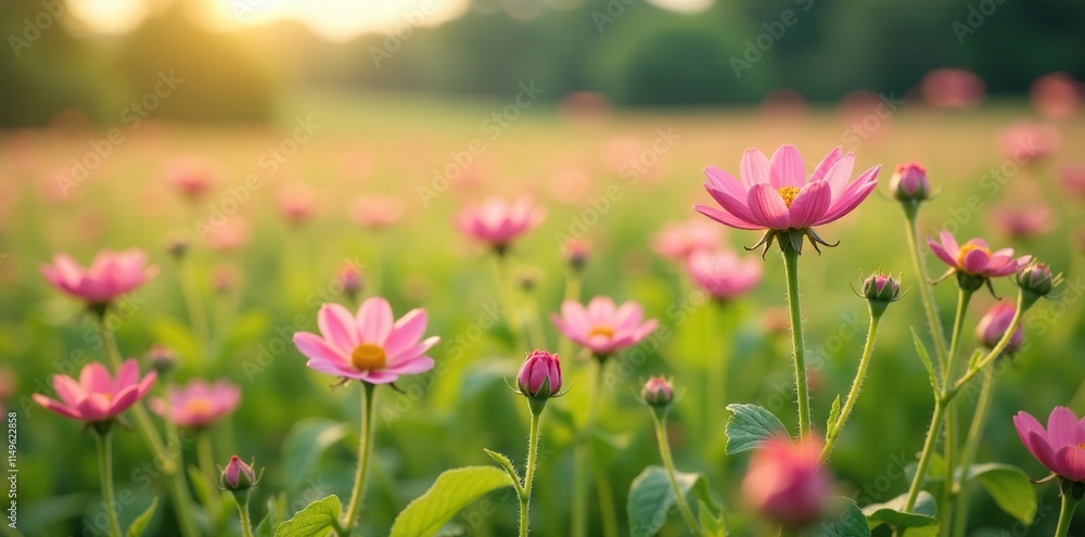 Pink flowers swaying gently in the breeze amidst potato plants, gentle breeze, blooming flowers, field view Pink flowers swaying gently in the breeze amidst potato plants, gentle breeze, blooming flowers, field view