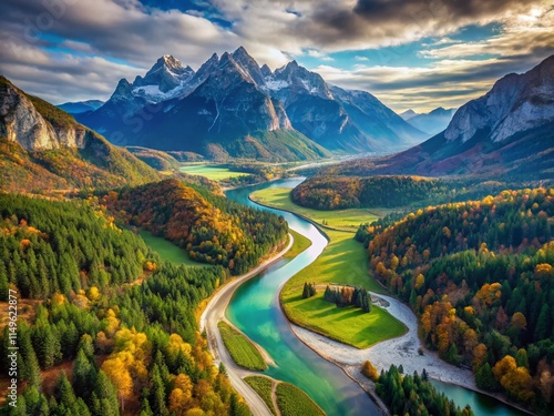 Aerial View Majestic Mountains Serpentine River AI Art