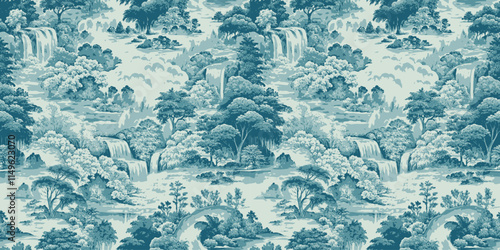 Serene blue and white landscape depicting lush forests and cascading waterfalls.